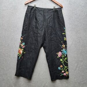 S.L.B. Women Pants 8 Black Linen Polyester Embroidered Floral Boho 20"